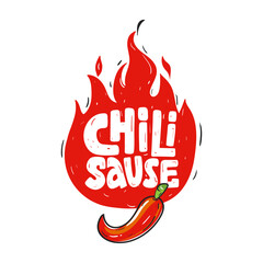 Chili sauce lettering sketch. Hand drawn text with silhouette of fire. Illustration red hot pepper. Spicy ingredient in dishes. Vector file