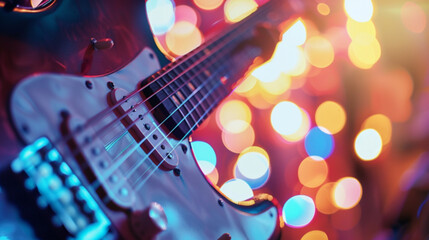 Golden Strings - Electric Guitar Up Close on a Blurred Concert Stage Background, Enhanced with a Bokeh Effect for a Festive Live Performance Atmosphere and Musical Holiday Celebrations - obrazy, fototapety, plakaty