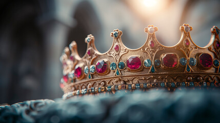 A richly jeweled golden crown illuminated by divine light, symbolizing royalty and biblical authority.