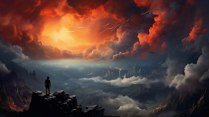 Naklejka premium A survivor standing at the top of the mountain looking at the huge burning clouds