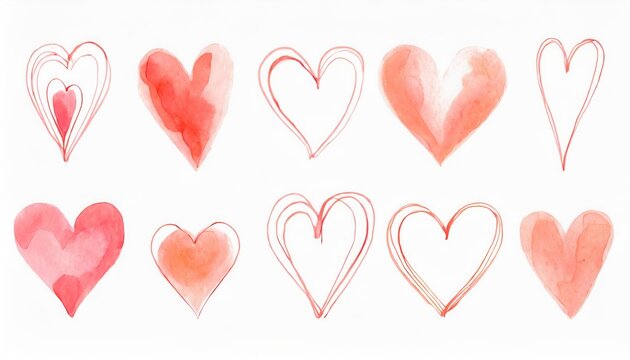 Set of hand-painted watercolor pink heart isolated on white background