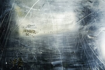The metallic sheen and scratches on a brushed aluminum surface, reflecting light and texture, - obrazy, fototapety, plakaty