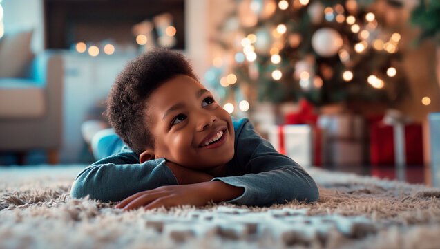 Cute smiling Afro American boy lying by Christmas tree with gifts. Concept of this image could be used for holiday season advertising, family-oriented content, and festive celebrations