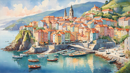 Watercolor Illustration: Coastal Town