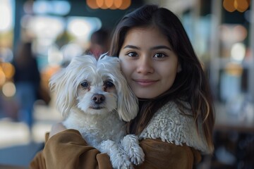 Portrait of beautiful young mexican american woman holding her dog in hands. Cute white dog in arms of loving owner. With dog in coffe shop.