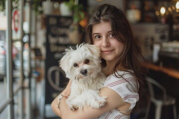 Portrait of beautiful young mexican american woman holding her dog in hands. Cute white dog in arms of loving owner. With dog in coffe shop