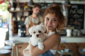 Portrait of beautiful young woman holding her dog in hands. Cute white dog in arms of loving owner. With dog in coffe shop