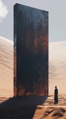 Monolithic structure in a desert with a solitary figure