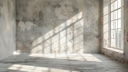 Sunlight casting shadows in an empty room with distressed walls