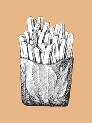 Burger Menu. Hand-drawn illustration of French fries. Ink. Vector	
