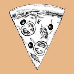 Traditional italian dishes. Hand-drawn illustration of Pizza. Vector. Ink drawing.	
