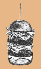 Burger Menu. Hand-drawn illustration of Double Burger Ink. Vector	
