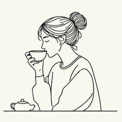 a girl drinking tea, minimal design, outline with solid fill color, background white vector illustration line art 