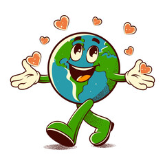 Stickers in trendy retro style. Earth Day concept. World Environment Day. Walking happy cute Earth planet character mascot with hearts. Vector illustration