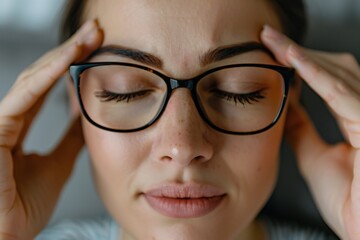 Close up exhausted woman massaging eyelids, taking off glasses, tired freelancer or student suffering from eyestrain or dry eye syndrome, feeling dizziness or headache after long hours work