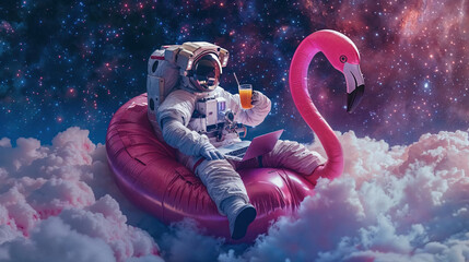Astronaut reclines on a giant pink flamingo float holding a laptop and drink amidst the cosmic backdrop, merging work and futuristic play - 763103980