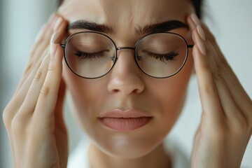 Close up exhausted woman massaging eyelids, taking off glasses, tired freelancer or student suffering from eyestrain or dry eye syndrome, feeling dizziness or headache after long hours work