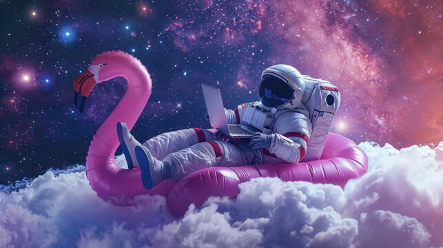 A cosmonaut unwinds on an inflatable flamingo amidst starry space clouds, evoking a sense of peace