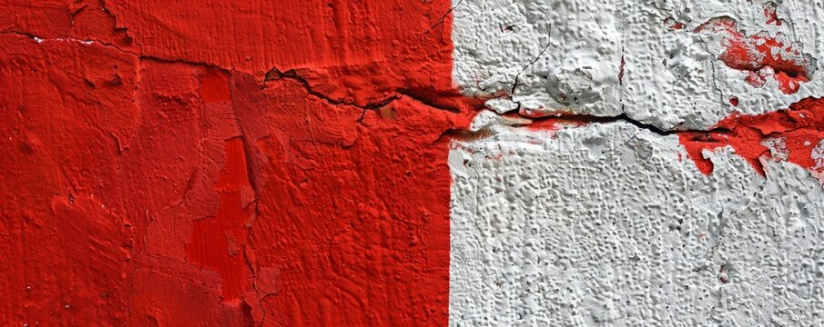 Close-up of peeling red and white paint on a wall