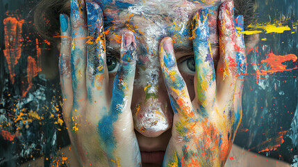Obraz premium Person's face hidden behind colorful hands.