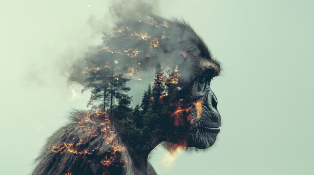 A double exposure a monkey head and a burning forest, symbolizing the impact on wildlife from fires.