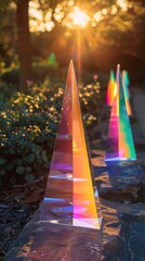 Sunlight refracting through prism on nature background