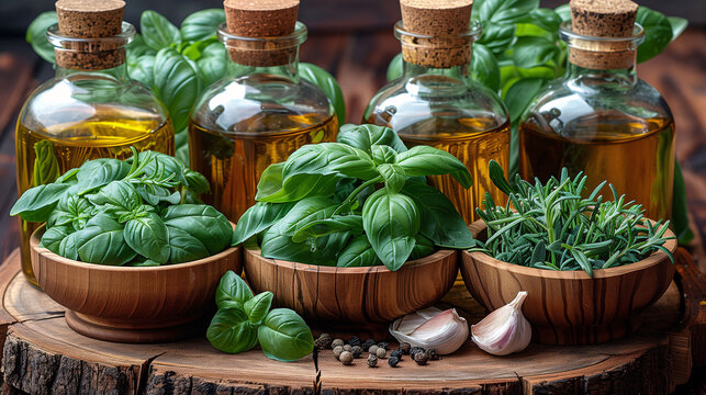 Aromatic herbs and infused olive oils on a rustic wooden table, with basil, rosemary, garlic, and peppercorns.