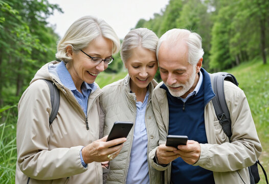 old people couple natural walking on traking outdoor activity using smartphone checking route map location for make a walking plan to their destination goal casual relax old adult walking outdoor