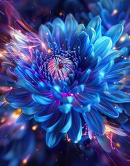 A blue chrysanthemum in the center of an explosion, The background is dark with streaks of purple and yellow, suggesting speed or motion artwork