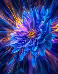 A blue chrysanthemum in the center of an explosion, The background is dark with streaks of purple and yellow, suggesting speed or motion artwork