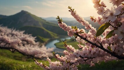 Spring landscape with blooming cherry trees in full bloom - obrazy, fototapety, plakaty