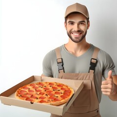 Smiling Delivery Man In brown Uniform Presenting A Pepperoni Pizza And Giving A Thumbs-Up