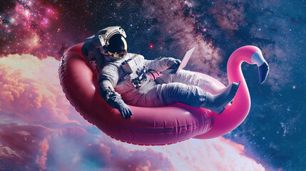 In a surreal depiction, an astronaut sits calmly on an inflatable pink flamingo, laptop in hand, amidst a vivid cosmic background - obrazy, fototapety, plakaty