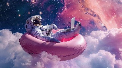 Amidst a vivid cosmic landscape, an astronaut works on a laptop while lounging on a pink flamingo float