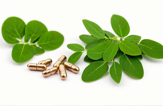 Moringa leaves and capsules , cut out on white background
