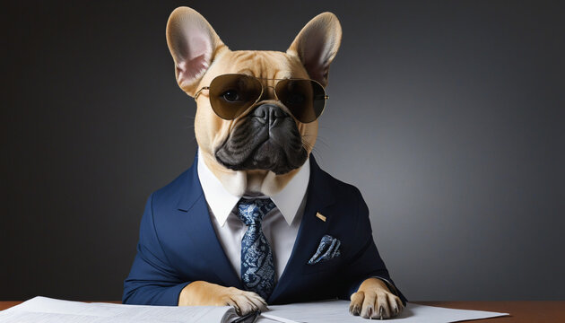 Funny picture - French bulldog in a suit with sunglasses