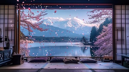 illustraiton of background In a room, floor-to-ceiling big window. Outside the window is a view of the lake and tall mountains, with cherry blossoms falling profusely from the slopes 