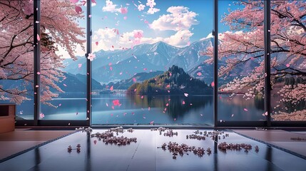 illustraiton of background In a room, floor-to-ceiling big window. Outside the window is a view of the lake and tall mountains, with cherry blossoms falling profusely from the slopes 