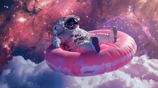 An astronaut floats amid cosmic clouds and stars, sitting on a giant pink inflatable ring, exuding a vibe of relaxation in the vastness of space