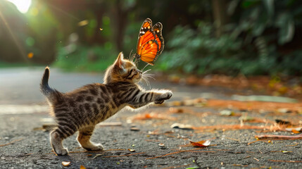 A little kitten is catching a flying butterfly on the sunny street.