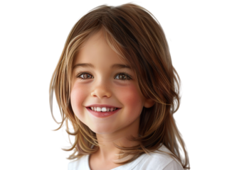 a hyper realistic image of a 4-5 year old caucasian girl, smiling, straight hair, shoulder level hairstyle, white background PNG