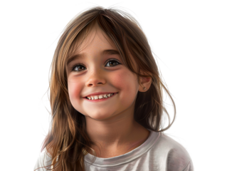 a hyper realistic image of a 4-5 year old caucasian girl, smiling, straight hair, shoulder level hairstyle, white background PNG