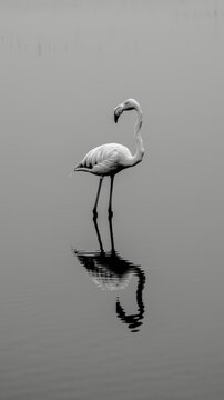 Monochrome image of a flamingo with reflection in water