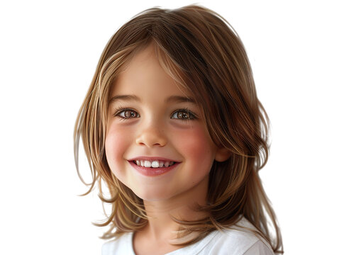 a hyper realistic image of a 4-5 year old caucasian girl, smiling, straight hair, shoulder level hairstyle, white background PNG