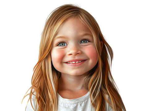 a hyper realistic image of a 4-5 year old caucasian girl, smiling, straight hair, shoulder level hairstyle, white background PNG