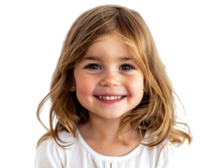 a hyper realistic image of a 4-5 year old caucasian girl, smiling, straight hair, shoulder level hairstyle, white background PNG
