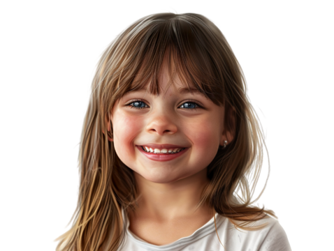 a hyper realistic image of a 4-5 year old caucasian girl, smiling, straight hair, shoulder level hairstyle, white background PNG