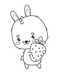 Happy bunny with strawberries. Animal outline kawaii character. Vector illustration. Line drawing, coloring book. Kids collection.
