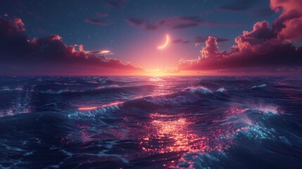 Crescent moon over glowing ocean at dusk