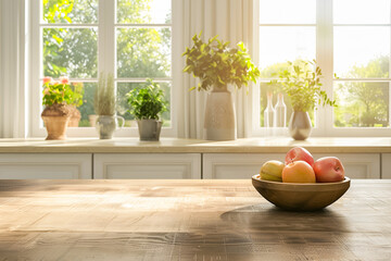 Kitchen tabletop background with fruit plate and warm, cozy atmosphere